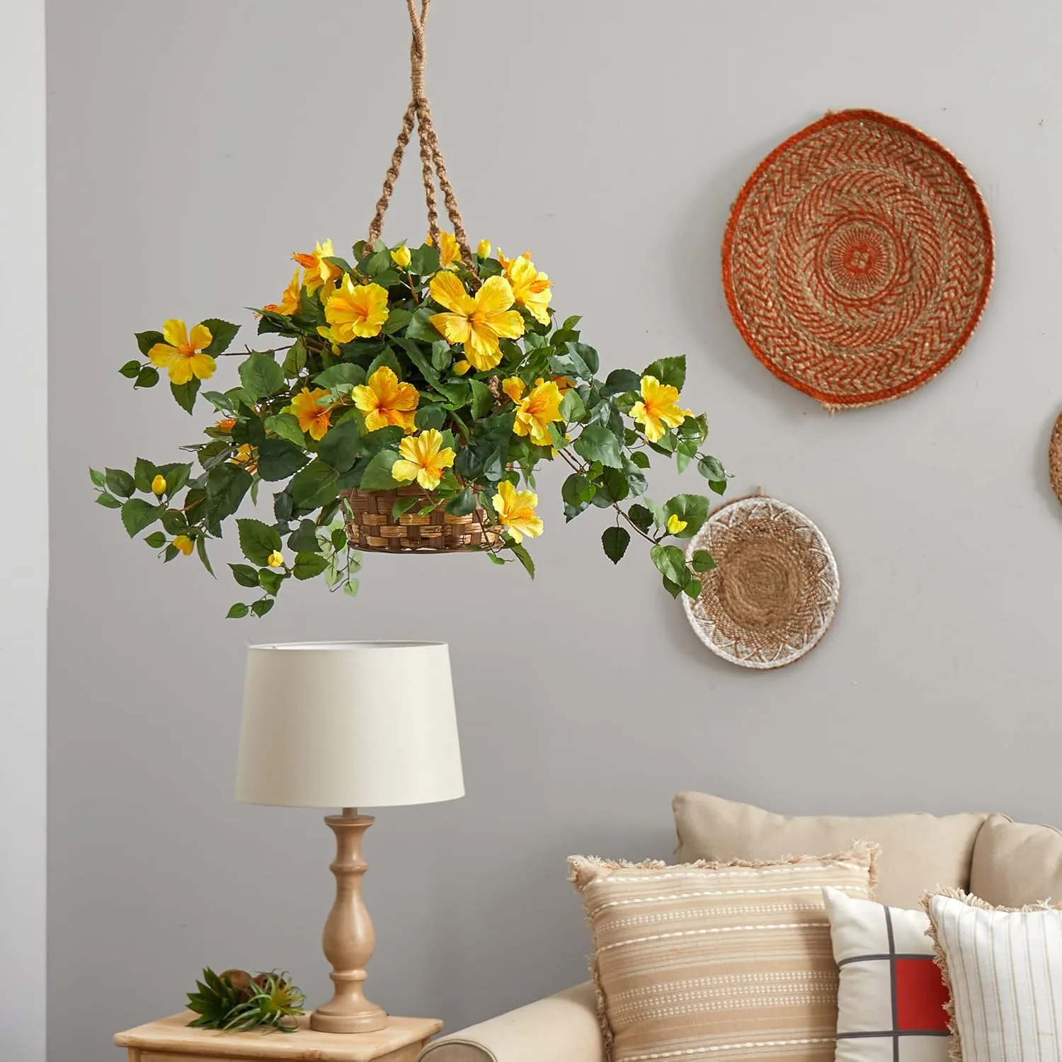 Nearly Natural Hibiscus 22inH Artificial Plant With Hanging Basket, 22inH x 28inW x 24inD, Yellow