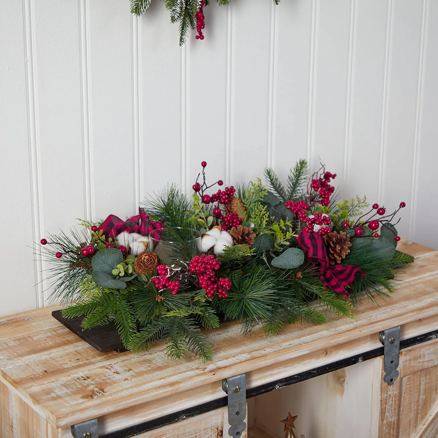 Nearly Natural 24in. Holiday Berries, Pinecones and Eucalyptus Christmas Artificial Arrangement Cutting Board Wall Décor