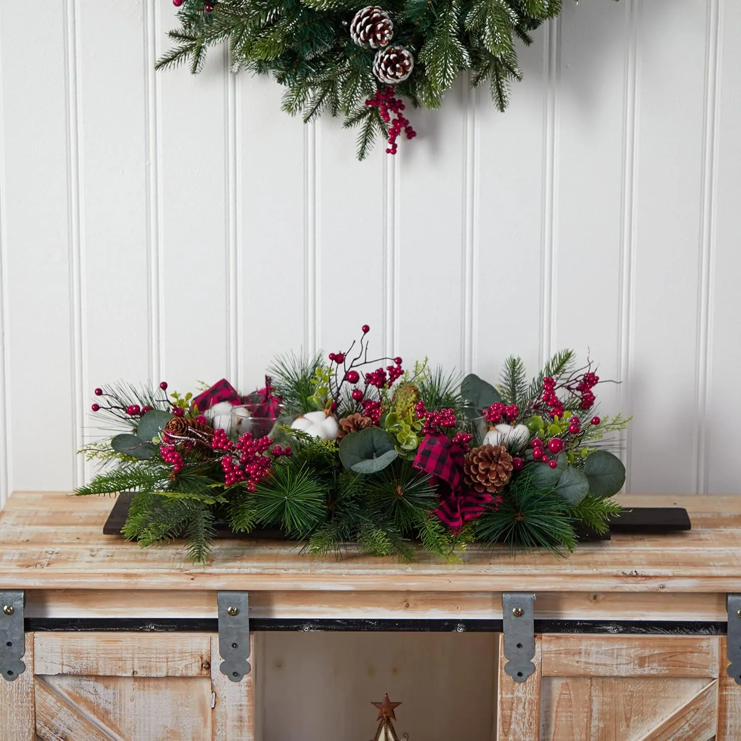 Nearly Natural 24in. Holiday Berries, Pinecones and Eucalyptus Christmas Artificial Arrangement Cutting Board Wall Décor