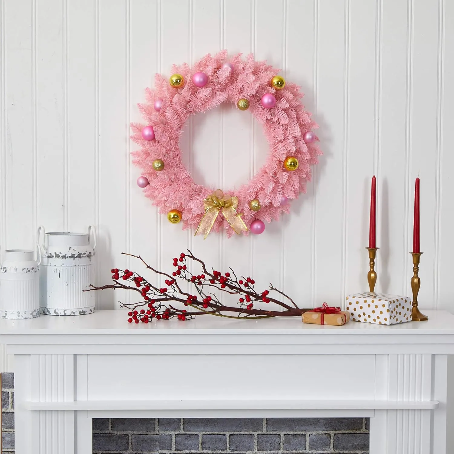 Nearly Natural 24in. Pink Artificial Christmas Wreath with 35 LED Lights and Ornaments