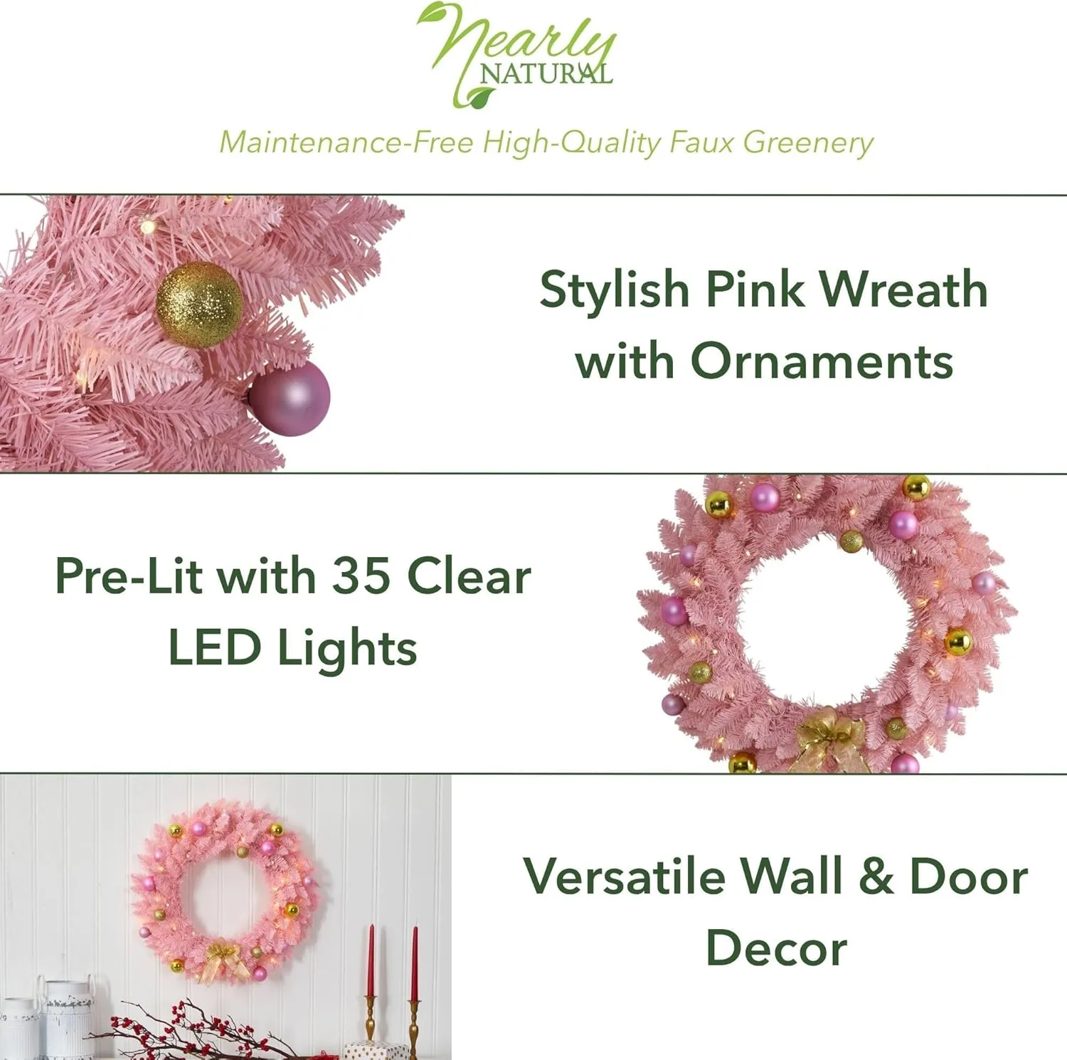 Nearly Natural 24in. Pink Artificial Christmas Wreath with 35 LED Lights and Ornaments
