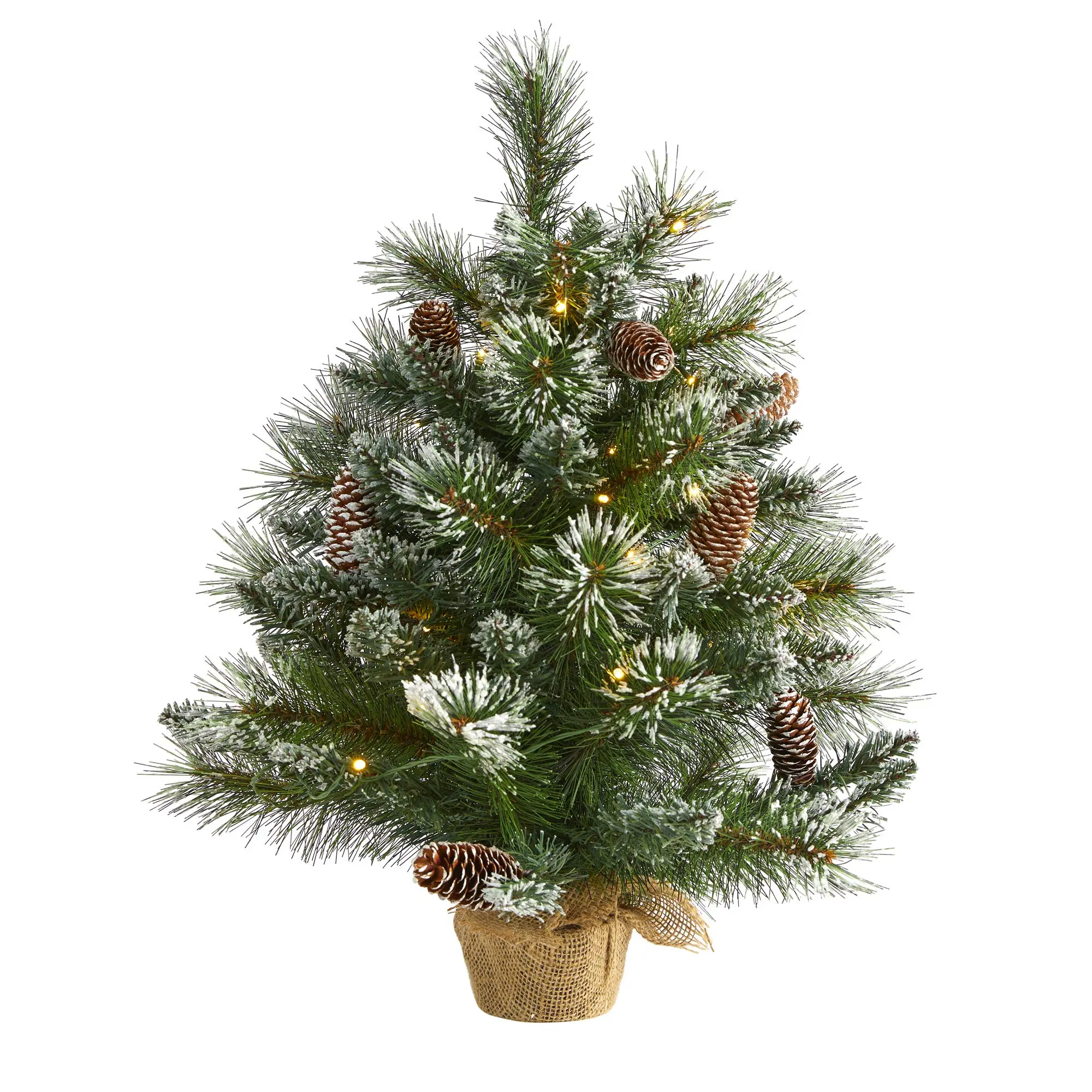 Nearly Natural 2ft. Frosted Pine Artificial Christmas Tree with 35 Clear LED Lights, Pinecones and Burlap Base