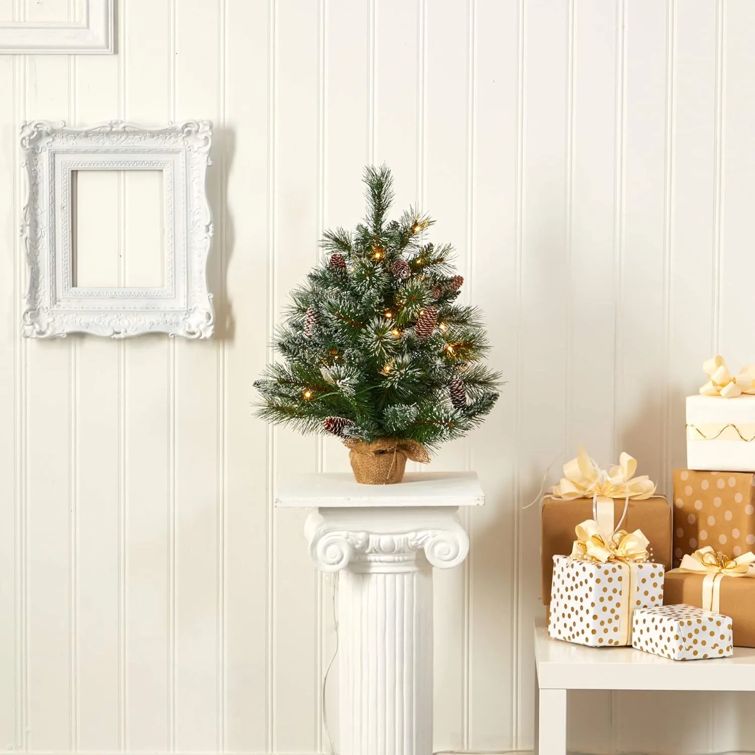 Nearly Natural 2ft. Frosted Pine Artificial Christmas Tree with 35 Clear LED Lights, Pinecones and Burlap Base