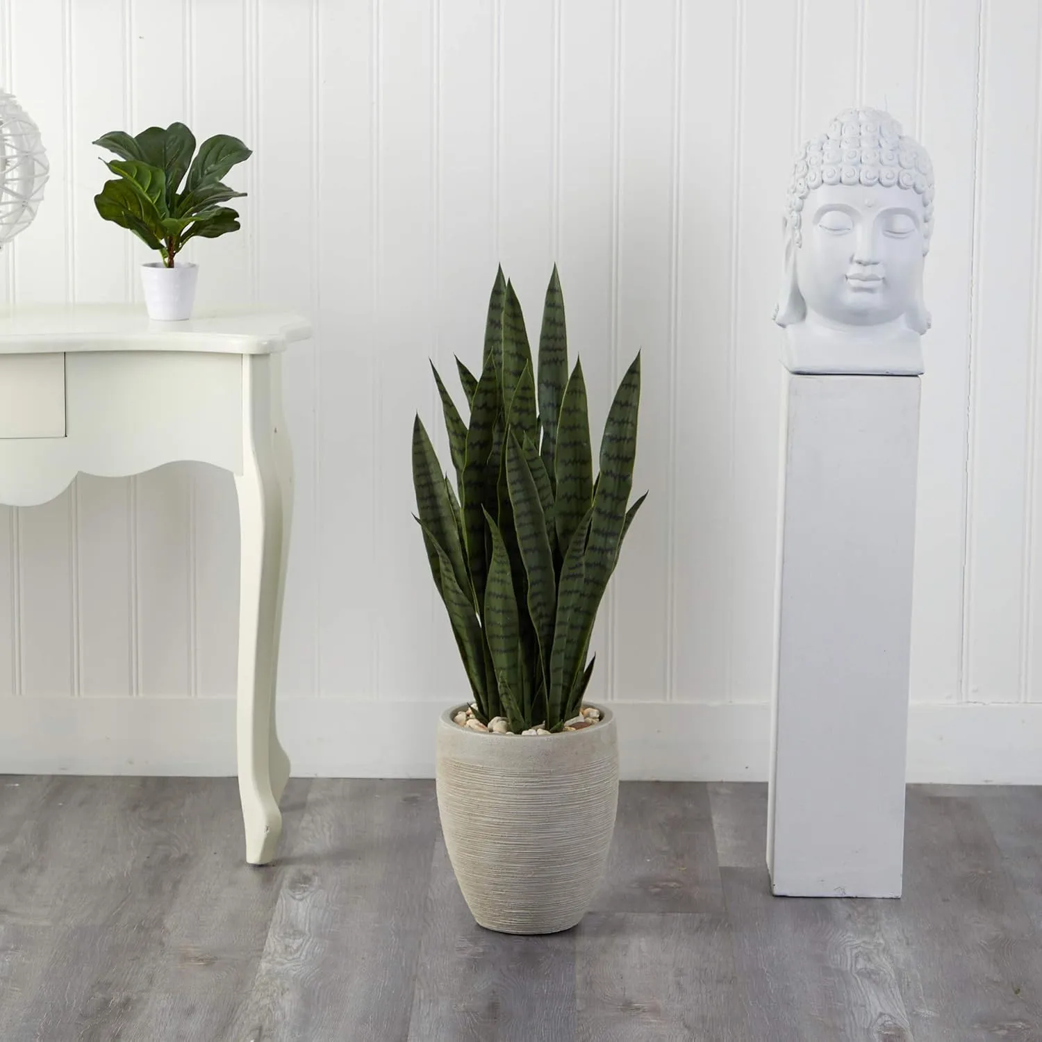 Nearly Natural 40-in Artificial Tall Snake Plant Sansevieria, Faux Snake Plant for Indoor Home Decor in Sand Colored Planter