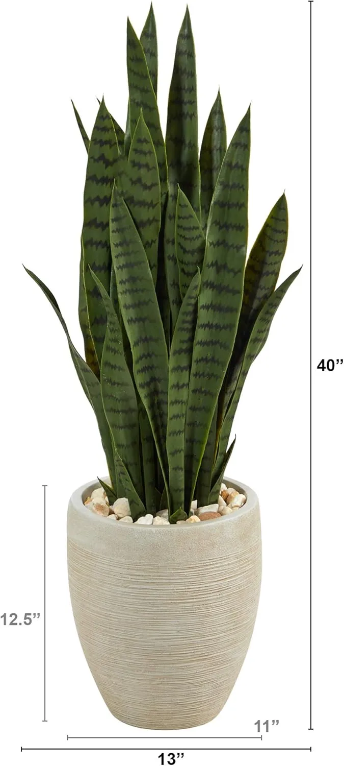 Nearly Natural 40-in Artificial Tall Snake Plant Sansevieria, Faux Snake Plant for Indoor Home Decor in Sand Colored Planter