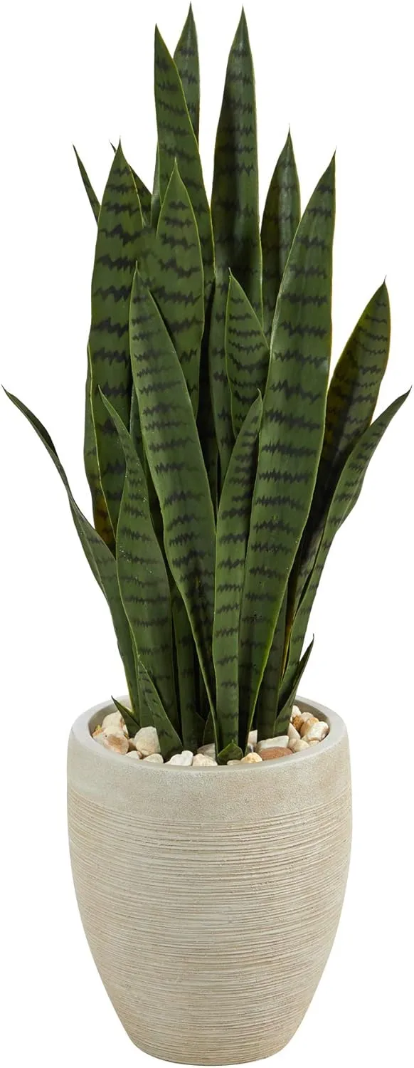 Nearly Natural 40-in Artificial Tall Snake Plant Sansevieria, Faux Snake Plant for Indoor Home Decor in Sand Colored Planter