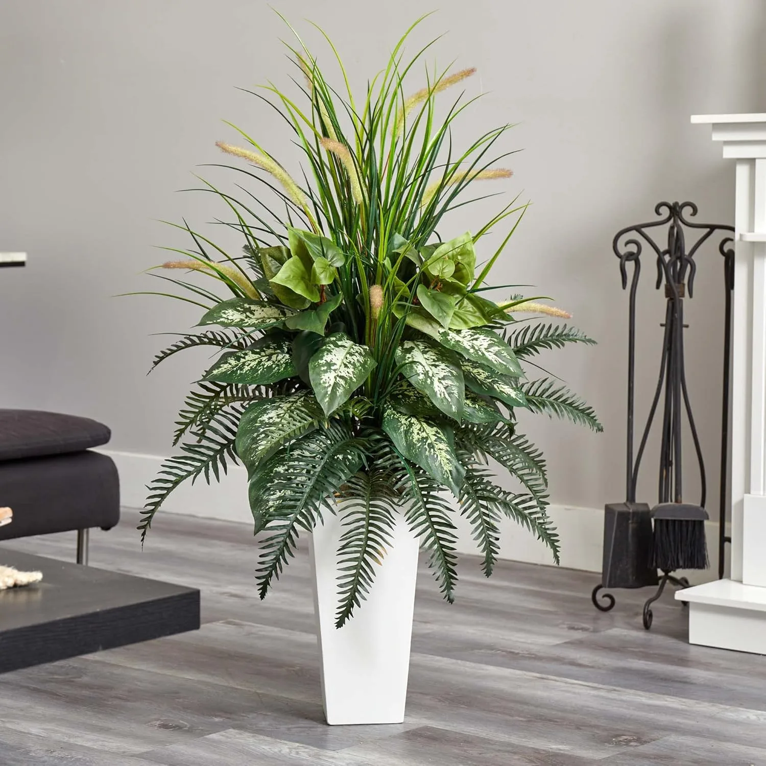 Nearly Natural Artificial White Mixed River Fern and Dogtail Plant, Tower Planter, Green,26"Dx26"Wx48"H