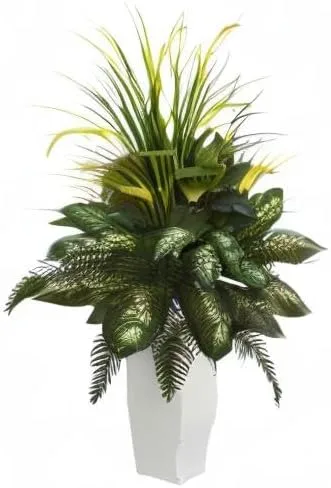 Nearly Natural Artificial White Mixed River Fern and Dogtail Plant, Tower Planter, Green,26"Dx26"Wx48"H