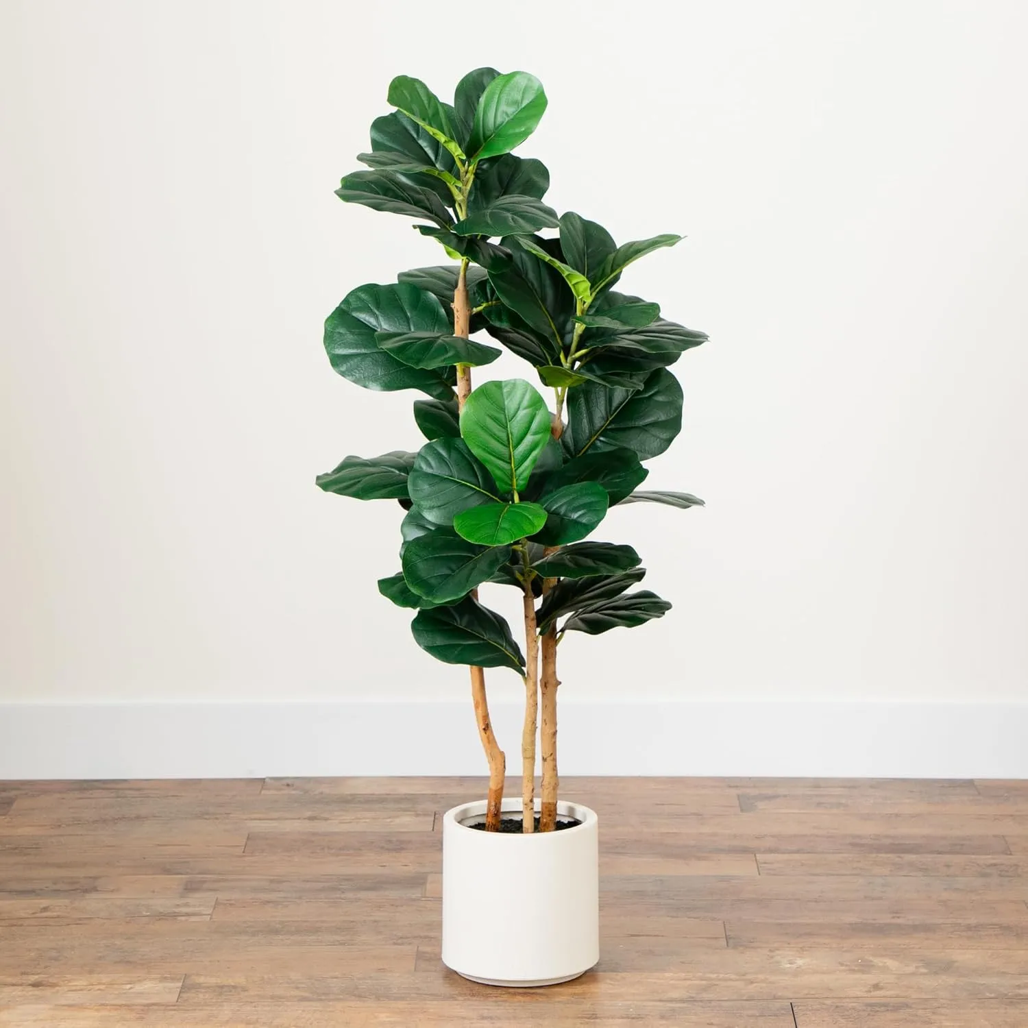 Nearly Natural 4'H Artificial Fiddle Leaf Tree With Decorative Planter, 48inH x 18inW x 18inD, Green/White