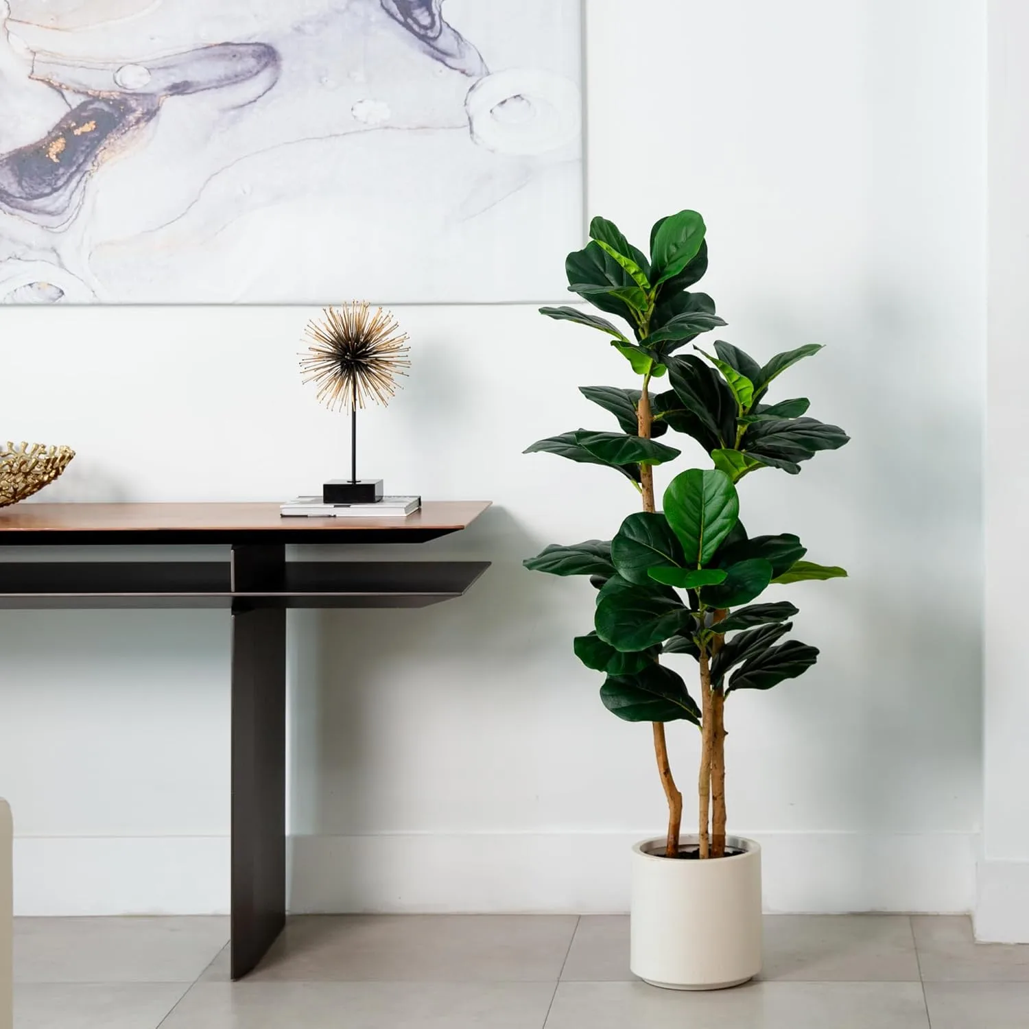 Nearly Natural 4'H Artificial Fiddle Leaf Tree With Decorative Planter, 48inH x 18inW x 18inD, Green/White