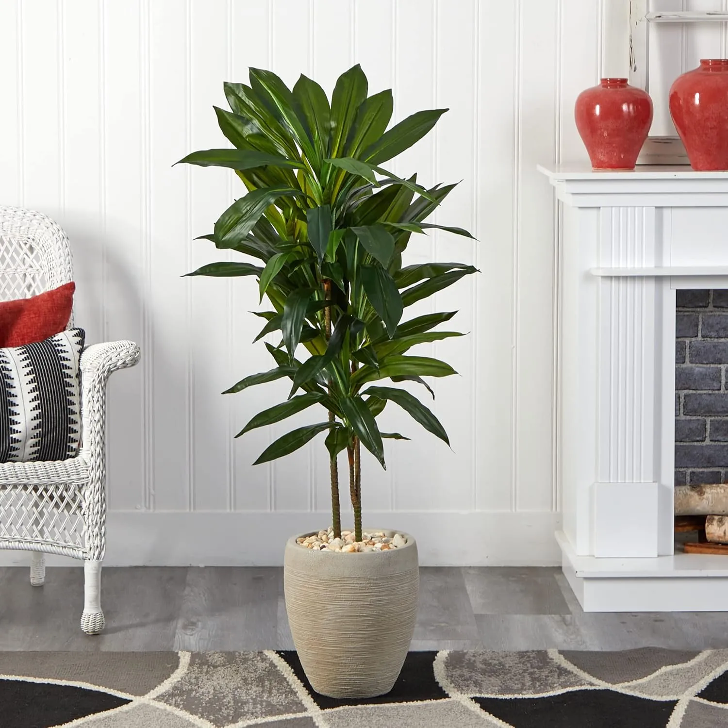 Nearly Natural 4ft. Dracaena Artificial Plant in Sand Colored Planter (Real Touch), Green