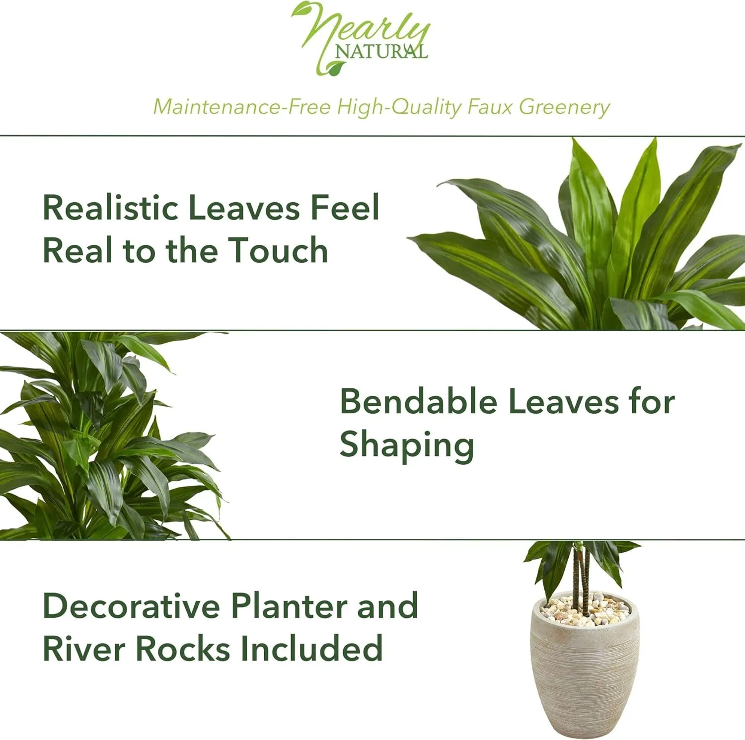 Nearly Natural 4ft. Dracaena Artificial Plant in Sand Colored Planter (Real Touch), Green