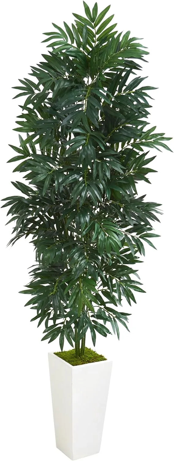 Nearly Natural 5ftH Bamboo Palm Artificial Plant With Planter, 60inH x 20inW x 20inD, White/Green