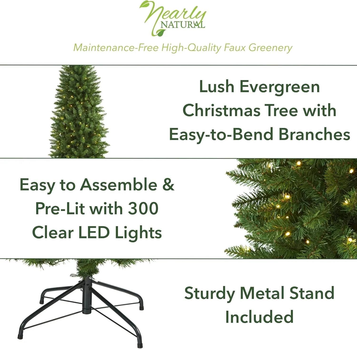 Nearly Natural 6.5ft. Slim Green Mountain Pine Artificial Christmas Tree with 300 Clear LED Lights 6ft 6in Green