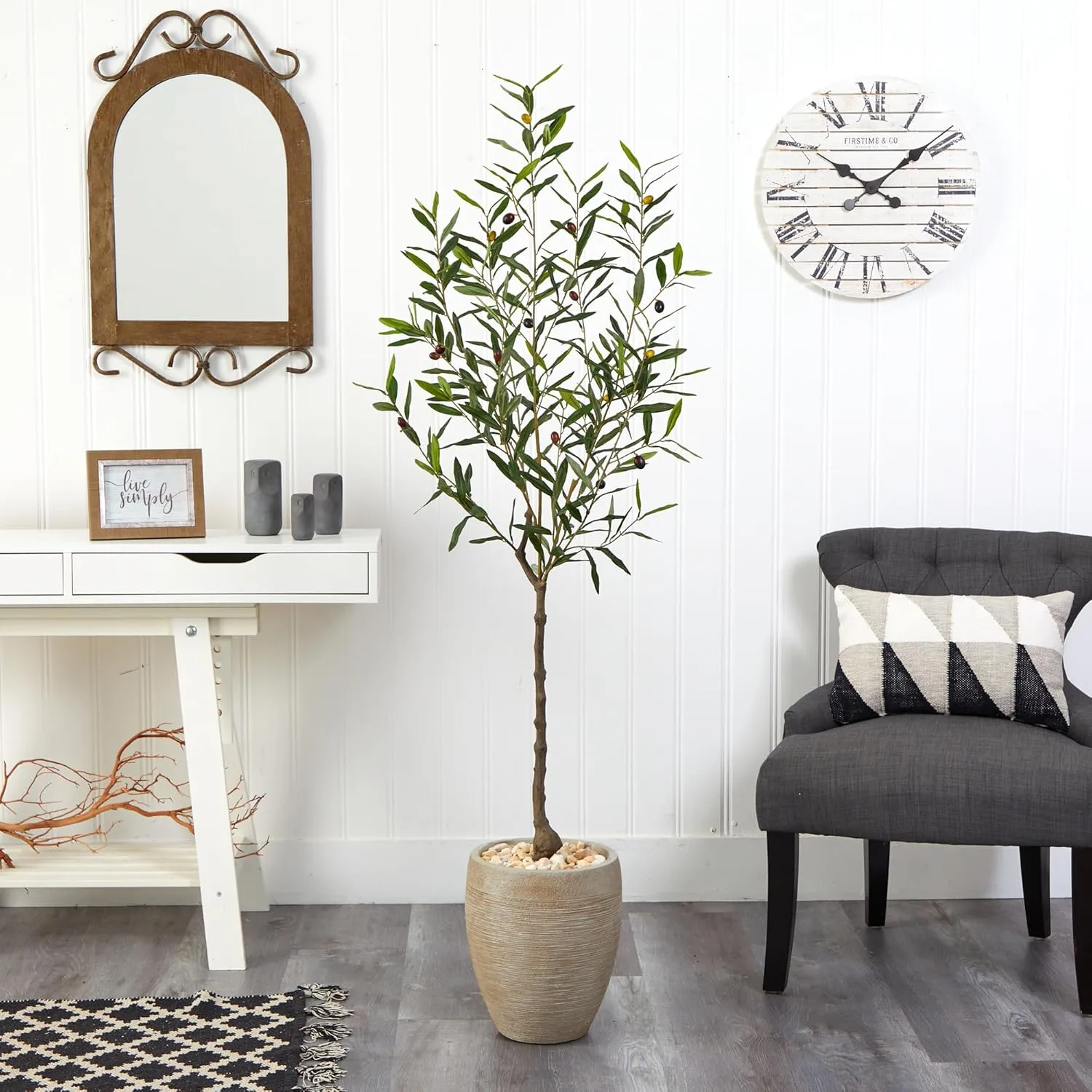 Nearly Natural Olive Tree 66inH Artificial Plant With Planter, 66inH x 21inW x 21inD, Green/Beige