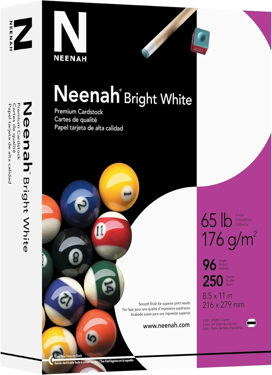 Neenah Bright White Premium Cardstock, 8.5 x 11 in, 65 lb, 250 Pack (91904)