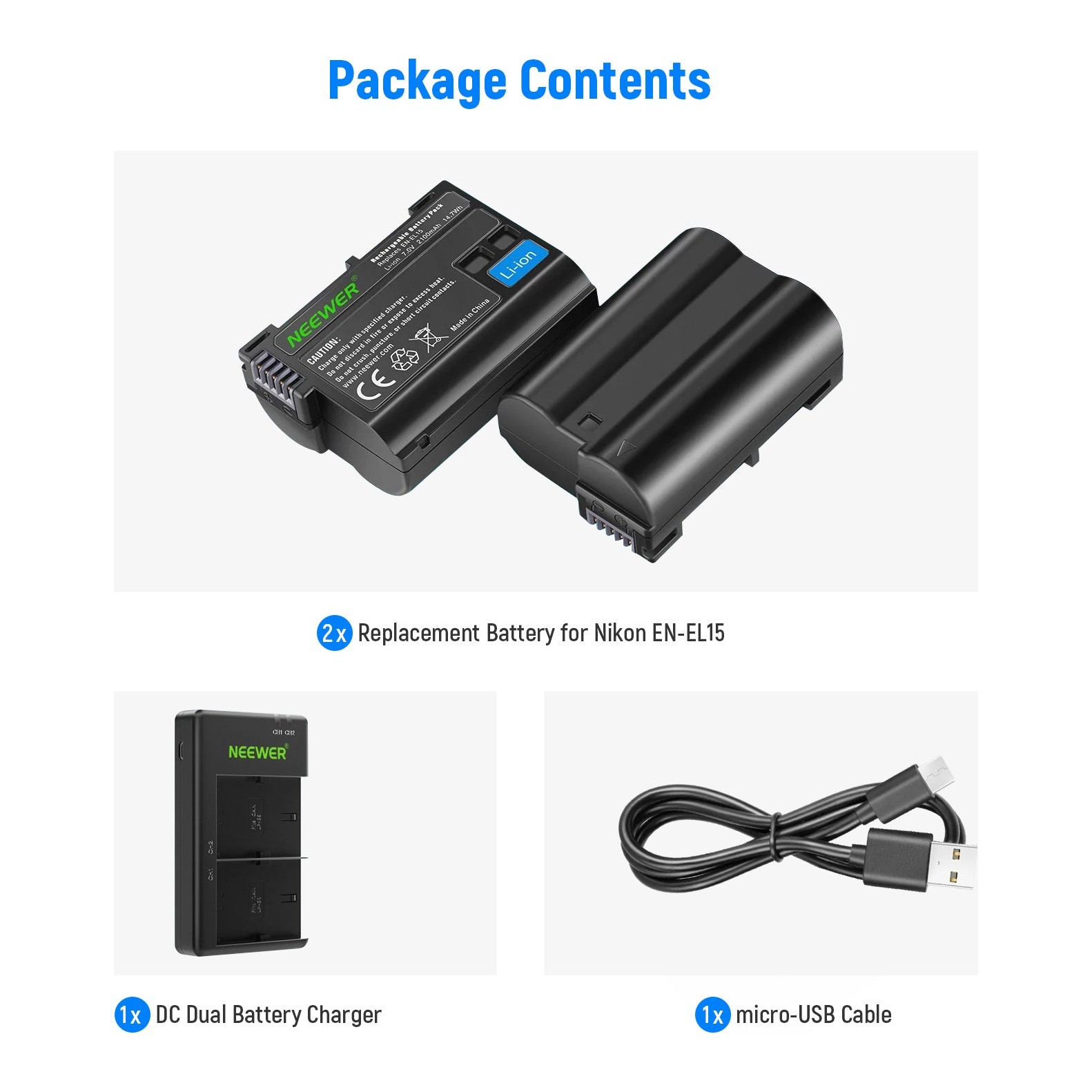 NEEWER 2-Pack EN-EL15 Battery Charger Set for Nikon