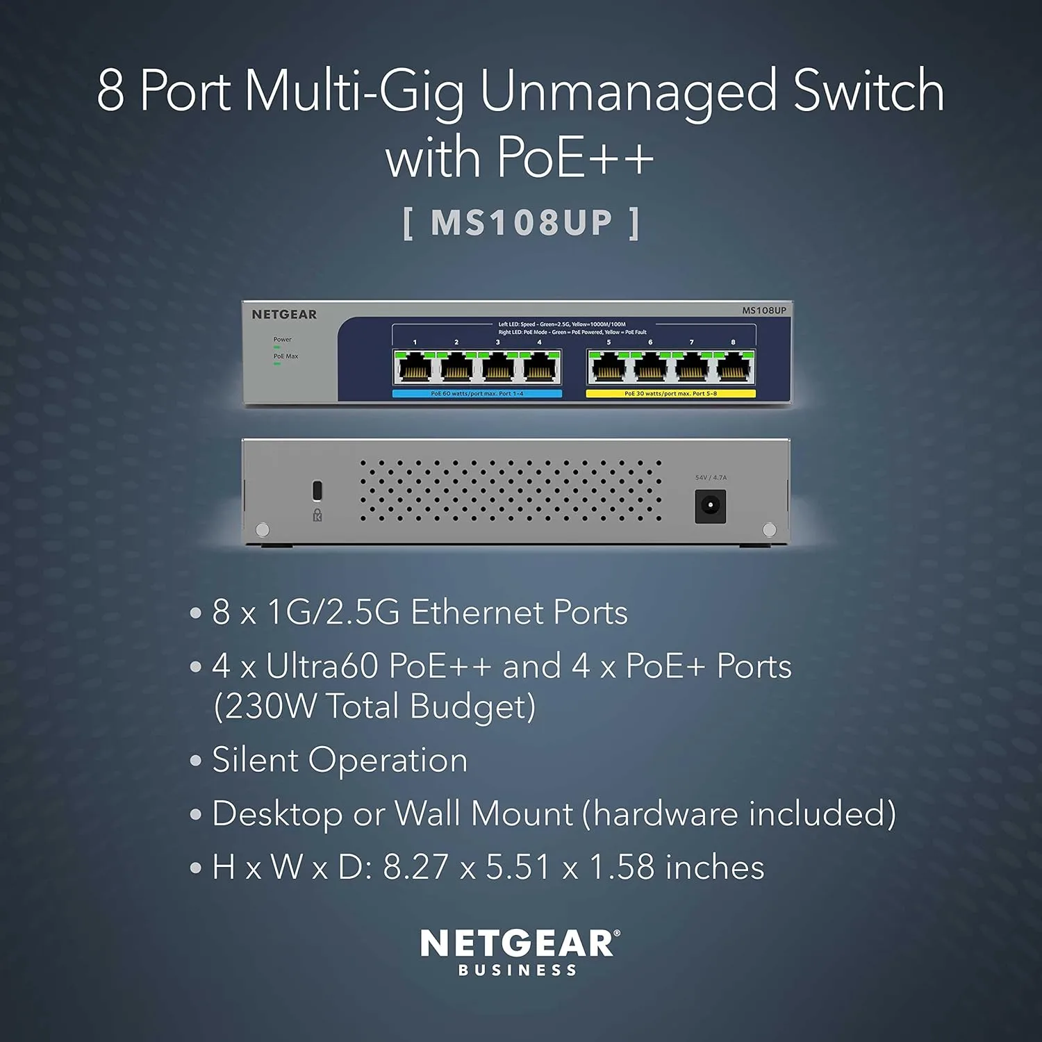 NETGEAR 8-Port Ultra60 PoE Multi-Gigabit Unmanaged Network Switch (MS108UP)