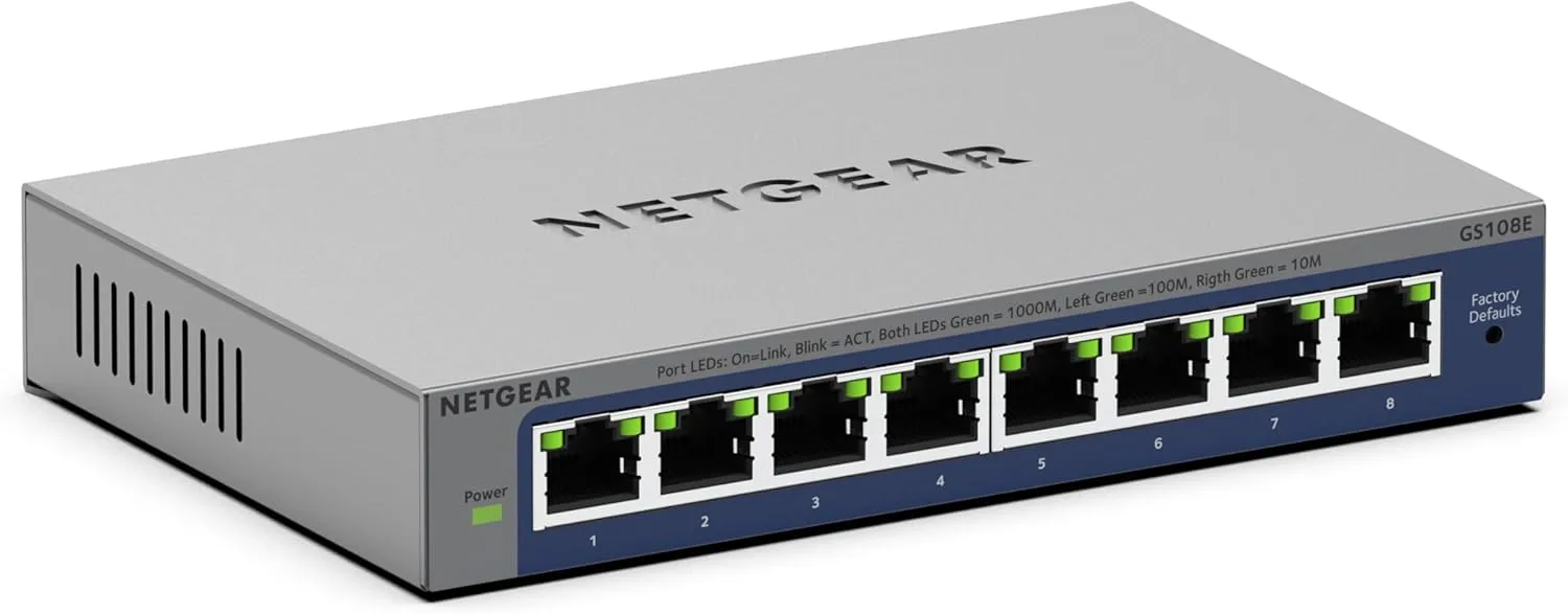 NETGEAR 8-Port Gigabit Ethernet Easy Smart Managed Switch (GS108E) - Managed, Desktop or Wall Mount, and Limited Lifetime Protection