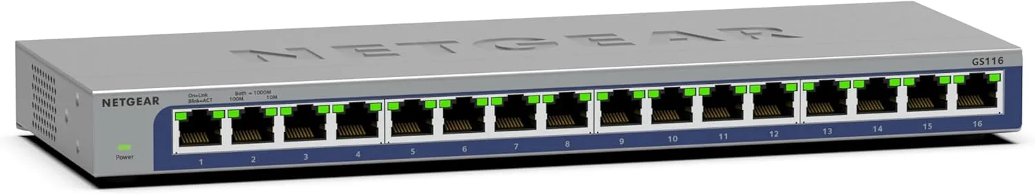NETGEAR 16-Port Gigabit Ethernet Unmanaged Switch (GS116) - Desktop or Wall Mount, and Limited Lifetime Protection