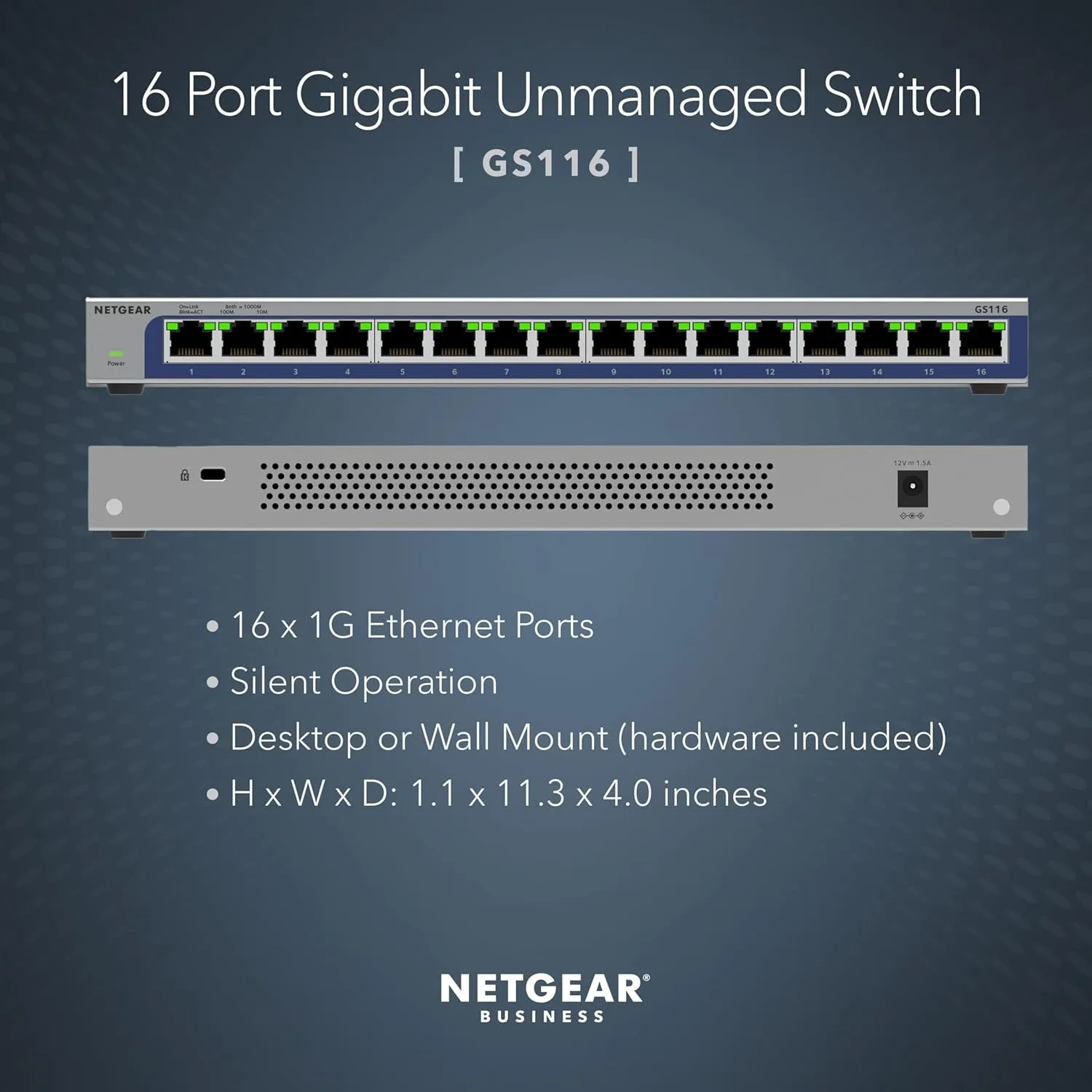 NETGEAR 16-Port Gigabit Ethernet Unmanaged Switch (GS116) - Desktop or Wall Mount, and Limited Lifetime Protection
