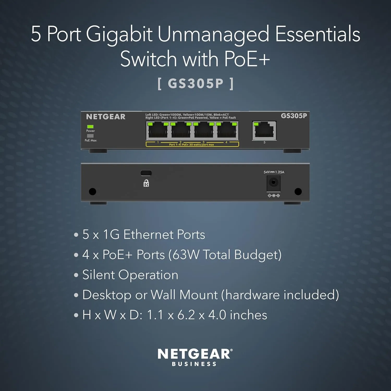 NETGEAR 5-Port PoE Gigabit Ethernet Unmanaged Essentials Switch (GS305P) - with 4 x PoE+ @ 63W, Desktop or Wall Mount