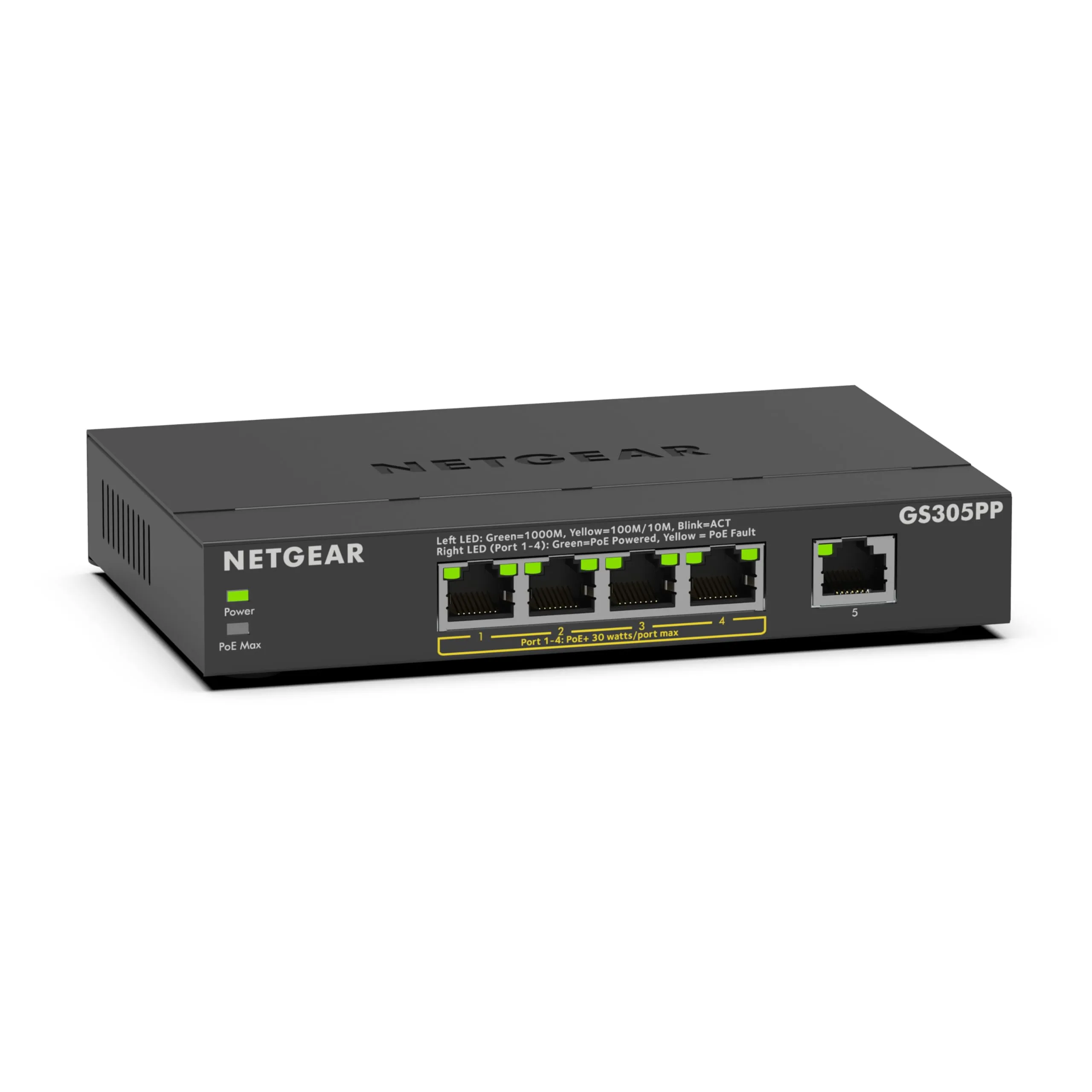 NETGEAR 5-Port Gigabit Ethernet Unmanaged PoE Switch (GS305PP) - with 4 x PoE+ @ 83W, Desktop or Wall Mount