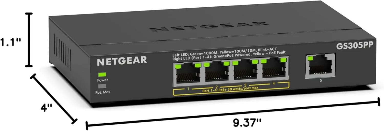 NETGEAR 5-Port Gigabit Ethernet Unmanaged PoE Switch (GS305PP) - with 4 x PoE+ @ 83W, Desktop or Wall Mount