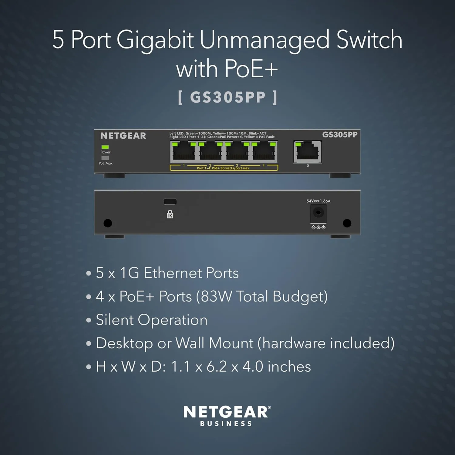 NETGEAR 5-Port Gigabit Ethernet Unmanaged PoE Switch (GS305PP) - with 4 x PoE+ @ 83W, Desktop or Wall Mount