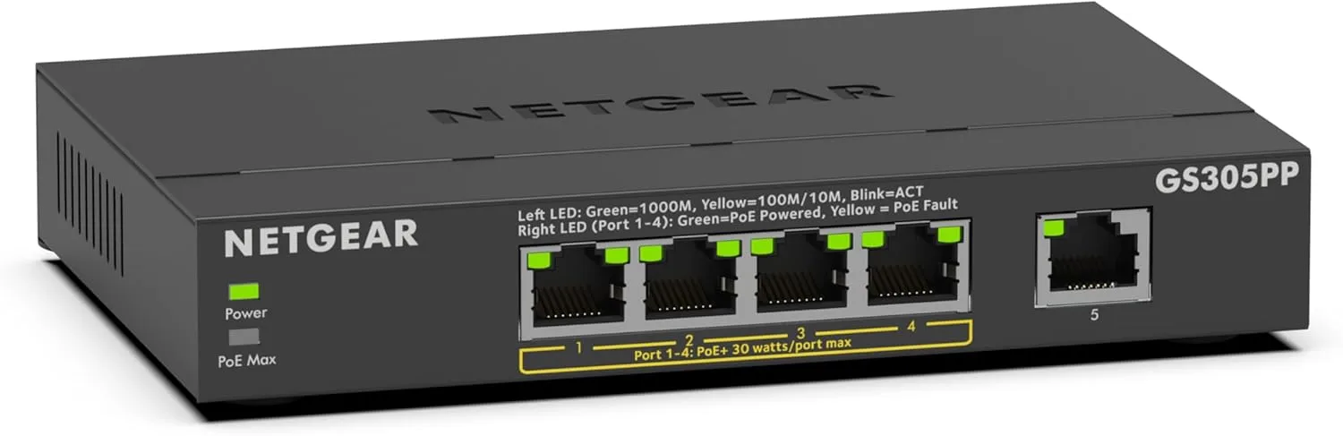 NETGEAR 5-Port Gigabit Ethernet Unmanaged PoE Switch (GS305PP) - with 4 x PoE+ @ 83W, Desktop or Wall Mount