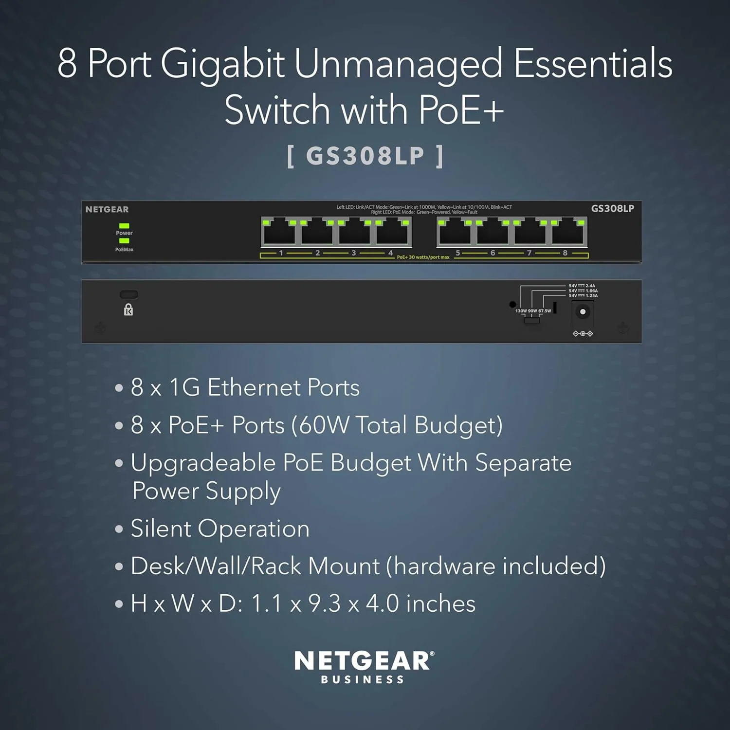 NETGEAR 8-Port PoE Gigabit Ethernet Unmanaged Essentials Switch (GS308LP) - with 8 x PoE+ @ 60W Upgradeable, Desktop, Wall Mount or Rack Mount