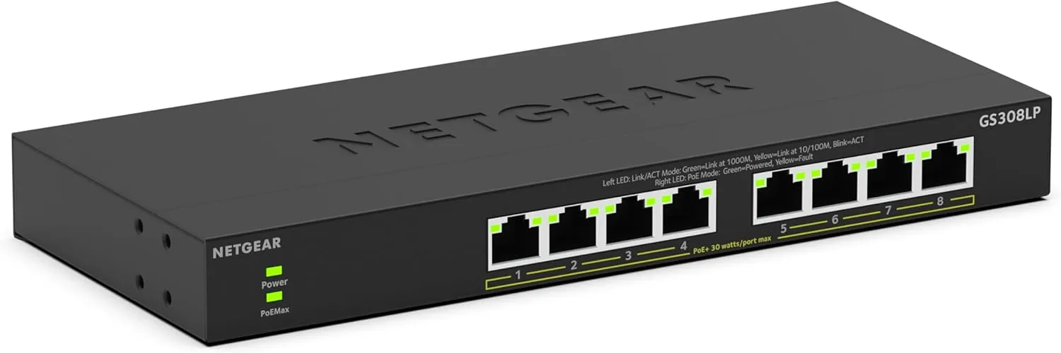 NETGEAR 8-Port PoE Gigabit Ethernet Unmanaged Essentials Switch (GS308LP) - with 8 x PoE+ @ 60W Upgradeable, Desktop, Wall Mount or Rack Mount