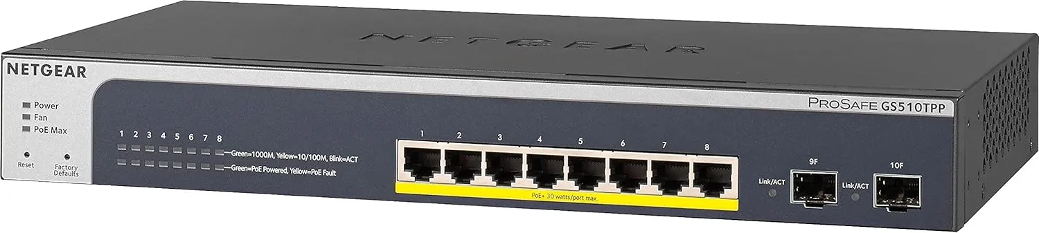 NETGEAR 10-Port PoE Gigabit Smart Managed Switch (8 PoE+; 2 x 1G SFP)