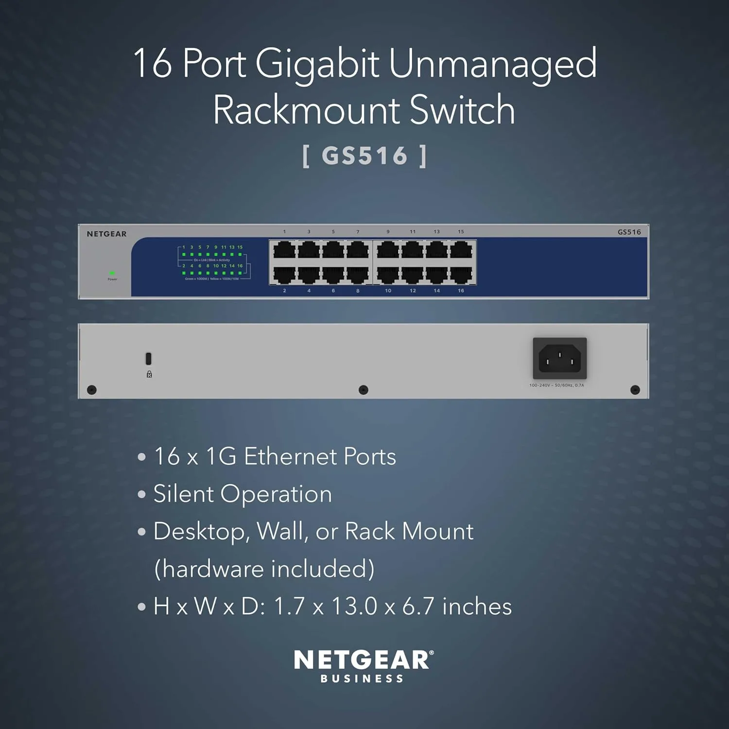 NETGEAR 16-Port Gigabit Ethernet Unmanaged Switch (GS516) – Desktop, Wall, or Rackmount, and Limited Lifetime Protection