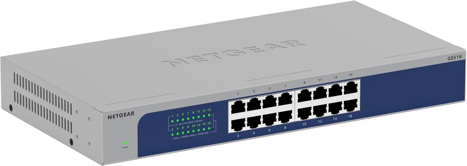 NETGEAR 16-Port Gigabit Ethernet Unmanaged Switch (GS516) – Desktop, Wall, or Rackmount, and Limited Lifetime Protection
