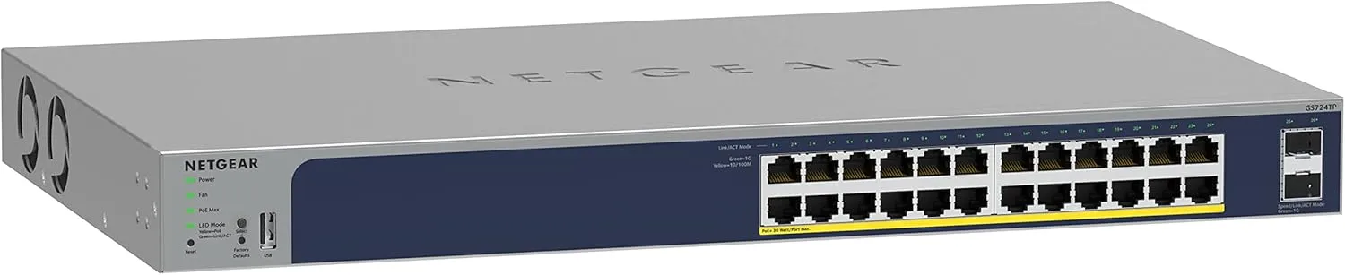 NETGEAR GS724TP 26-Port PoE Gigabit Smart Switch, 24 PoE+ @190W, 2 SFP
