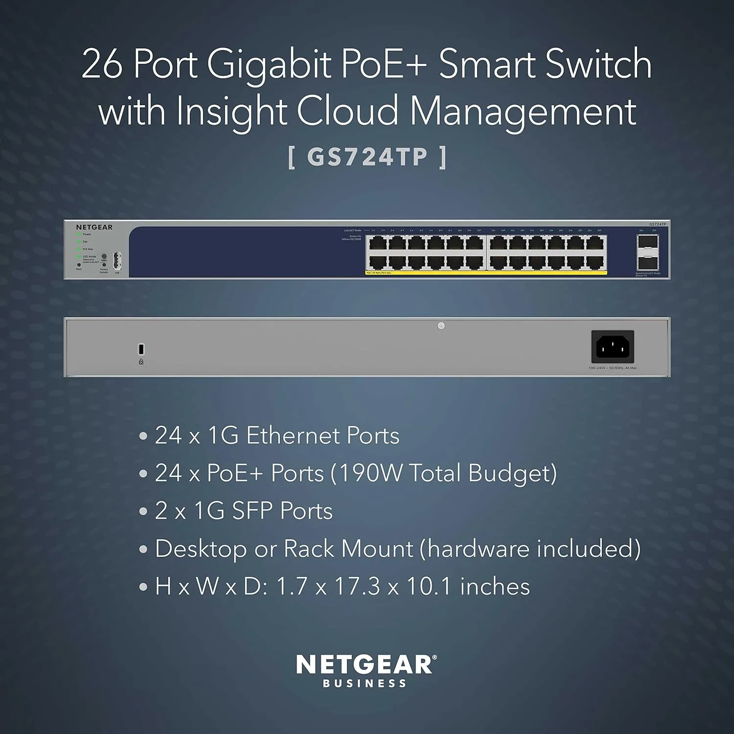 NETGEAR GS724TP 26-Port PoE Gigabit Smart Switch, 24 PoE+ @190W, 2 SFP