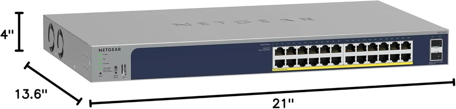 NETGEAR GS724TP 26-Port PoE Gigabit Smart Switch, 24 PoE+ @190W, 2 SFP