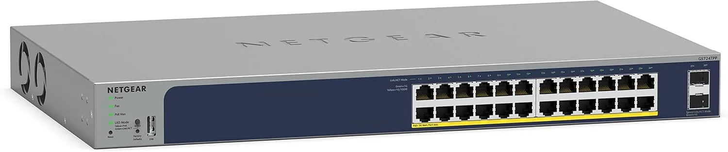 NETGEAR 26-Port PoE Gigabit Ethernet Smart Switch (GS724TPP) - Managed, Optional Insight Cloud Management, 24 x PoE+ @ 380W, 2 x 1G SFP, Desktop or Rackmount, and Limited Lifetime Protection