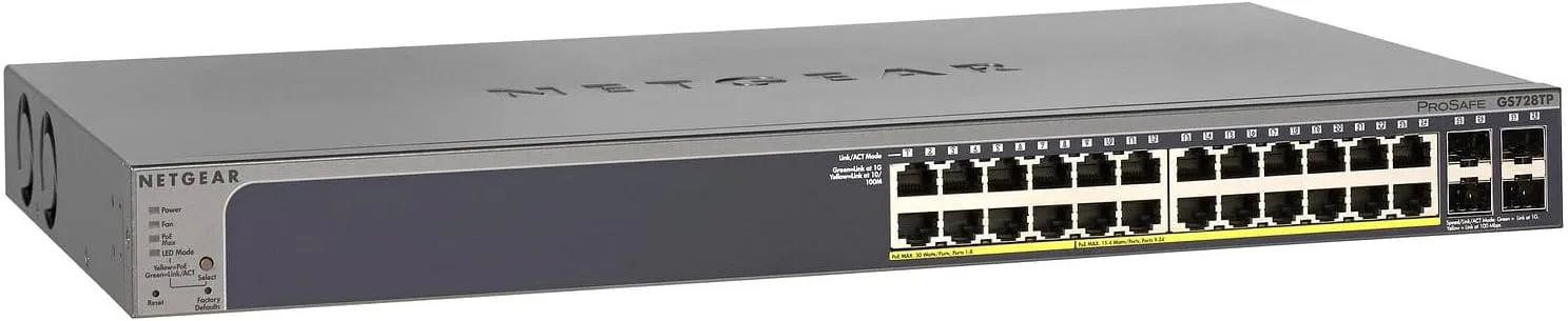NETGEAR 28-Port PoE Gigabit Ethernet Smart Switch (GS728TP) - Managed, Optional Insight Cloud Management, 24 x PoE+ @ 190W, 4 x 1G SFP, Desktop or Rackmount, and Limited Lifetime Protection