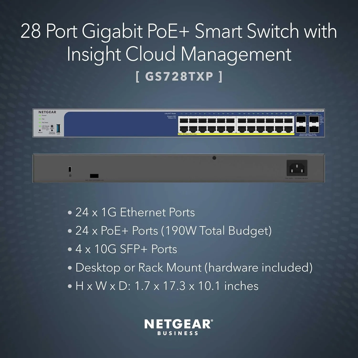 NETGEAR 28-Port PoE Gigabit Smart Switch GS728TXP - 24 PoE+ @190W, 4 x 10G SFP+