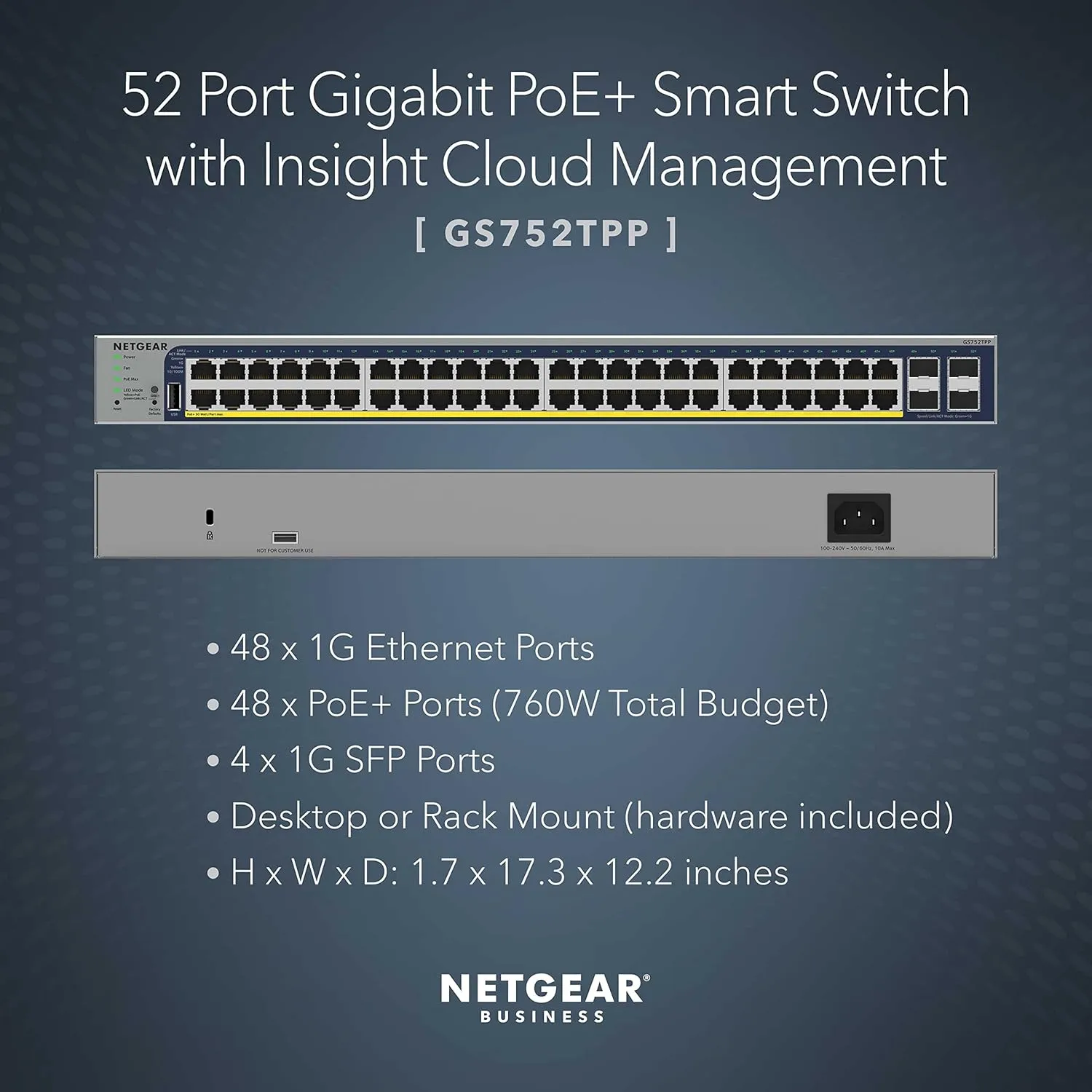 NETGEAR 52-Port PoE Gigabit Ethernet Smart Switch GS752TPP, 48 PoE+ @760W, 4x1G SFP