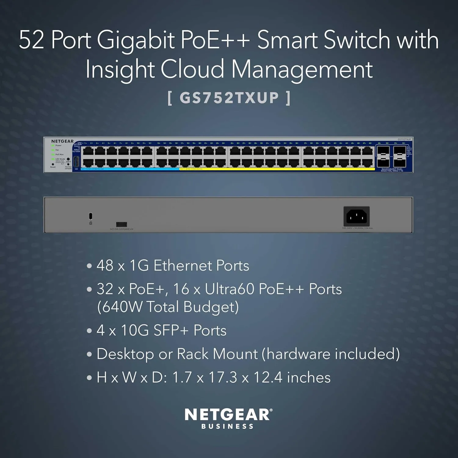NETGEAR 52-Port Ultra60 PoE Gigabit Ethernet Smart Switch GS752TXUP-300NAS
