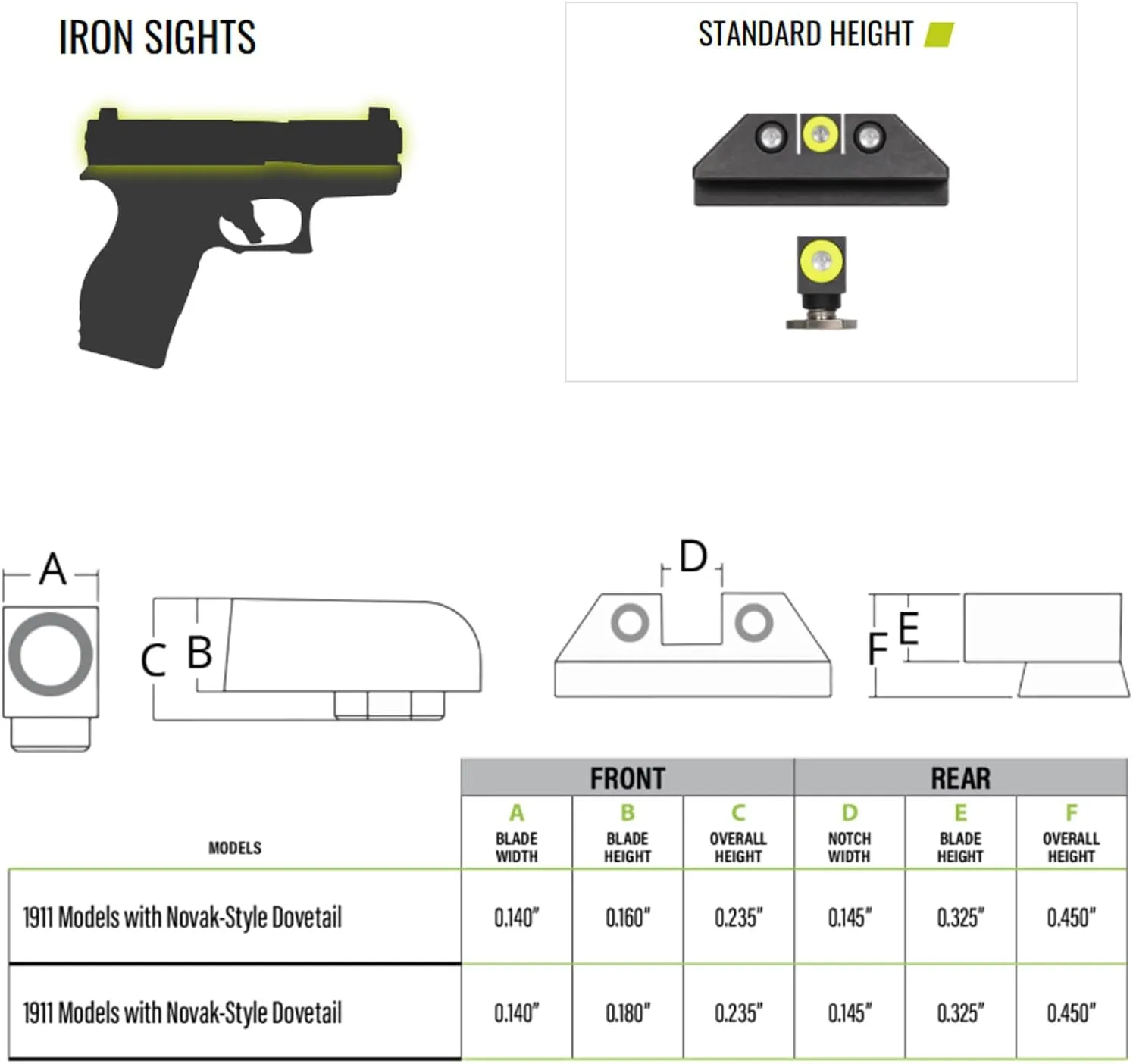 NIGHT FISION Standard Height Perfect Dot Tritium Night Sight Set for 1911