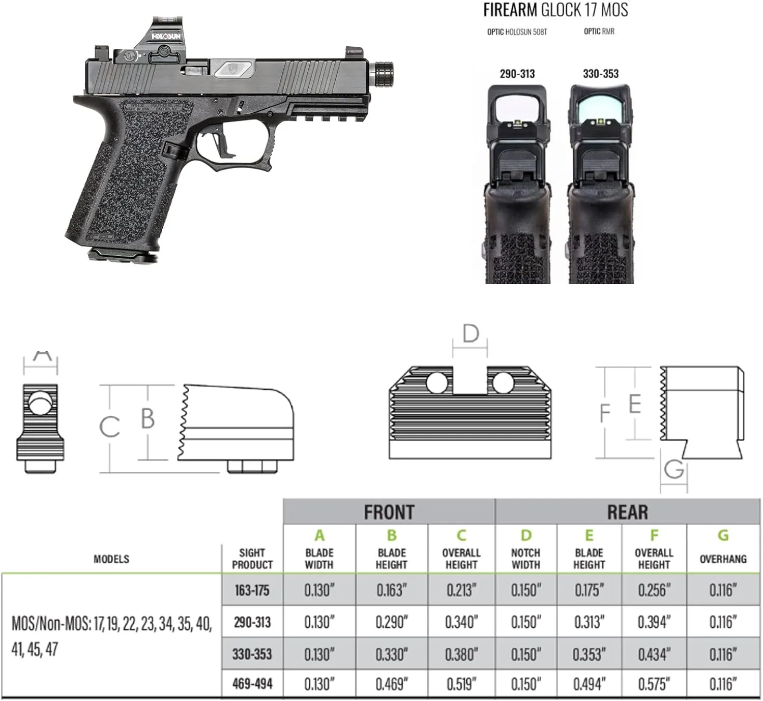 NIGHT FISION Optics Ready Stealth .330-.353 Night Sight Set for Glock 17/19/34