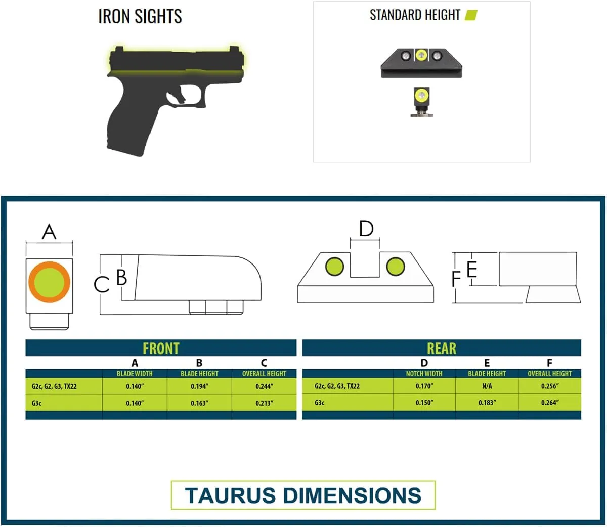 NIGHT FISION Standard Height Perfect Dot Tritium Night Sight Set Compatible with Taurus G3C/GX4