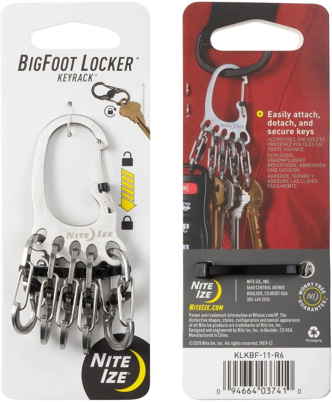 Nite Ize BigFoot Locker KeyRack Stainless Steel Key Holder with S-Biner MicroLocks