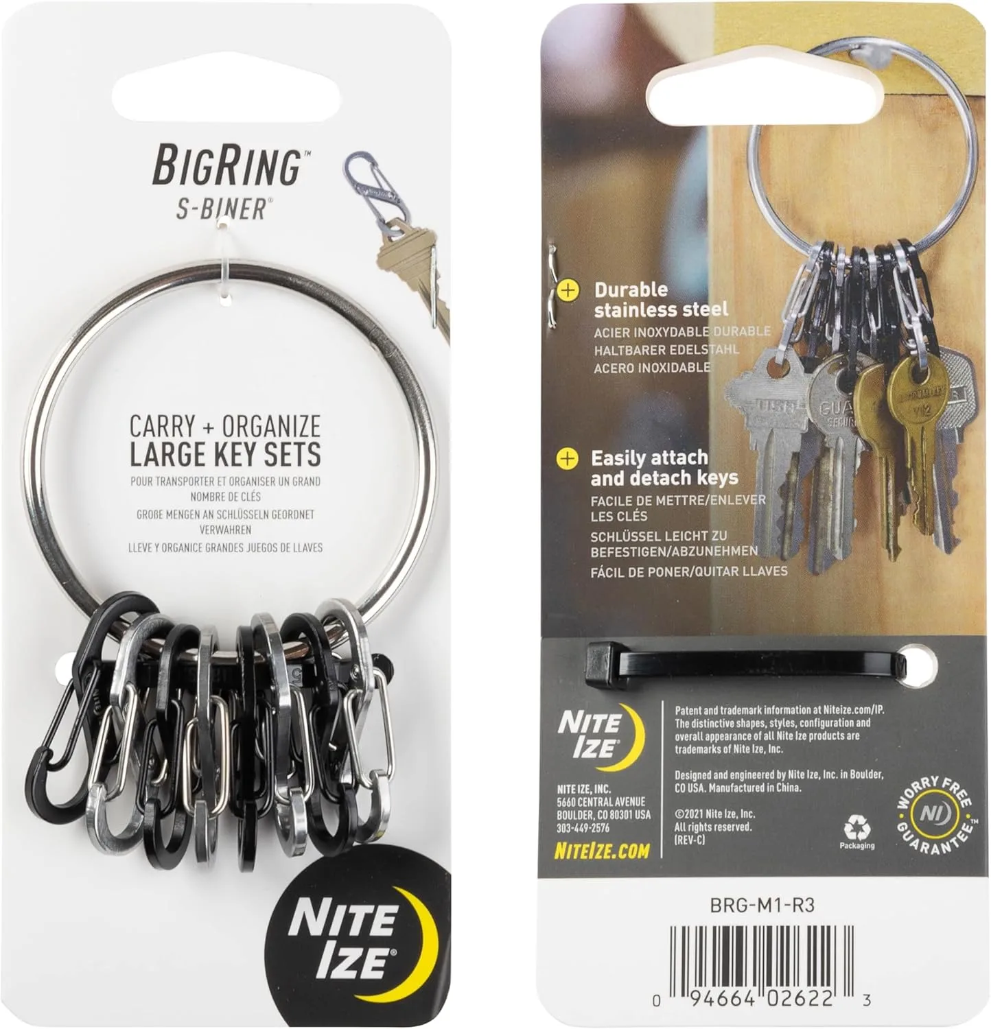 Nite Ize BigRing Steel S-Biner - Key Holder with Carabiners - Heavy-Duty Organizer with Black & Stainless Steel S-Biners
