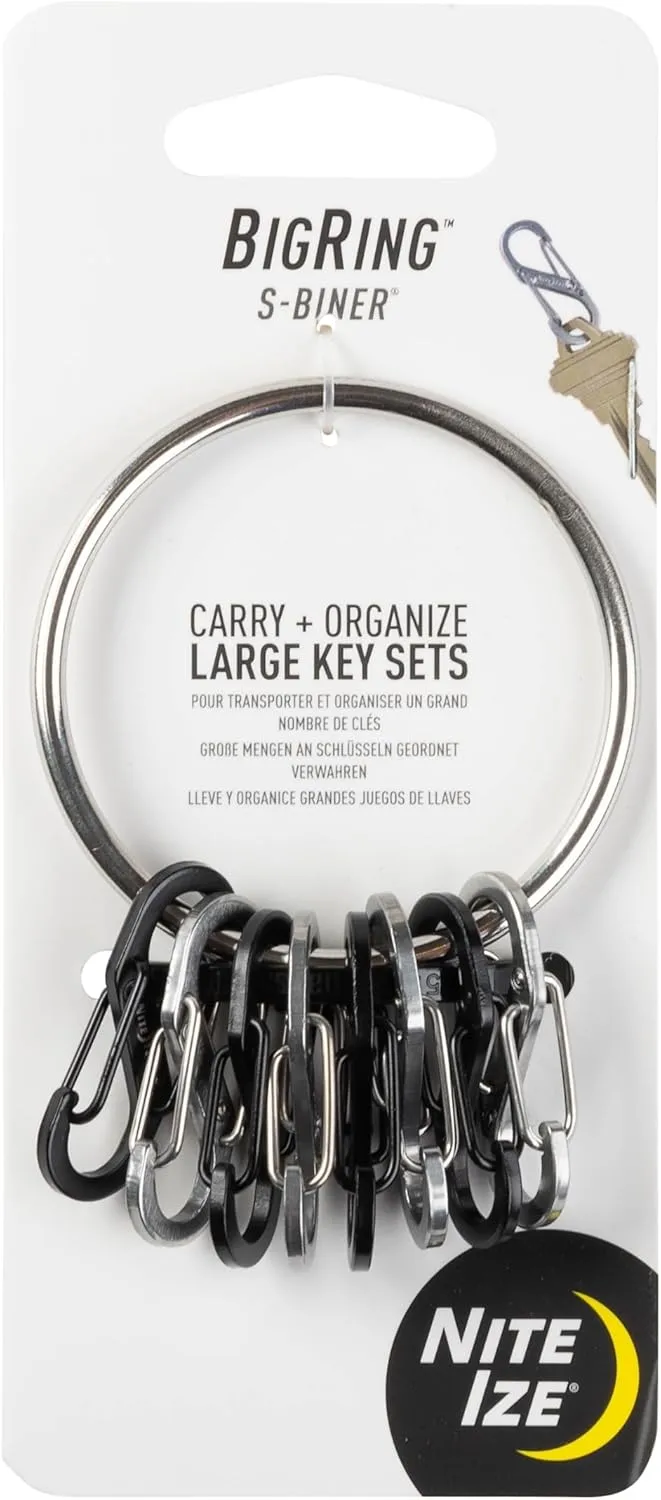 Nite Ize BigRing Steel S-Biner - Key Holder with Carabiners - Heavy-Duty Organizer with Black & Stainless Steel S-Biners