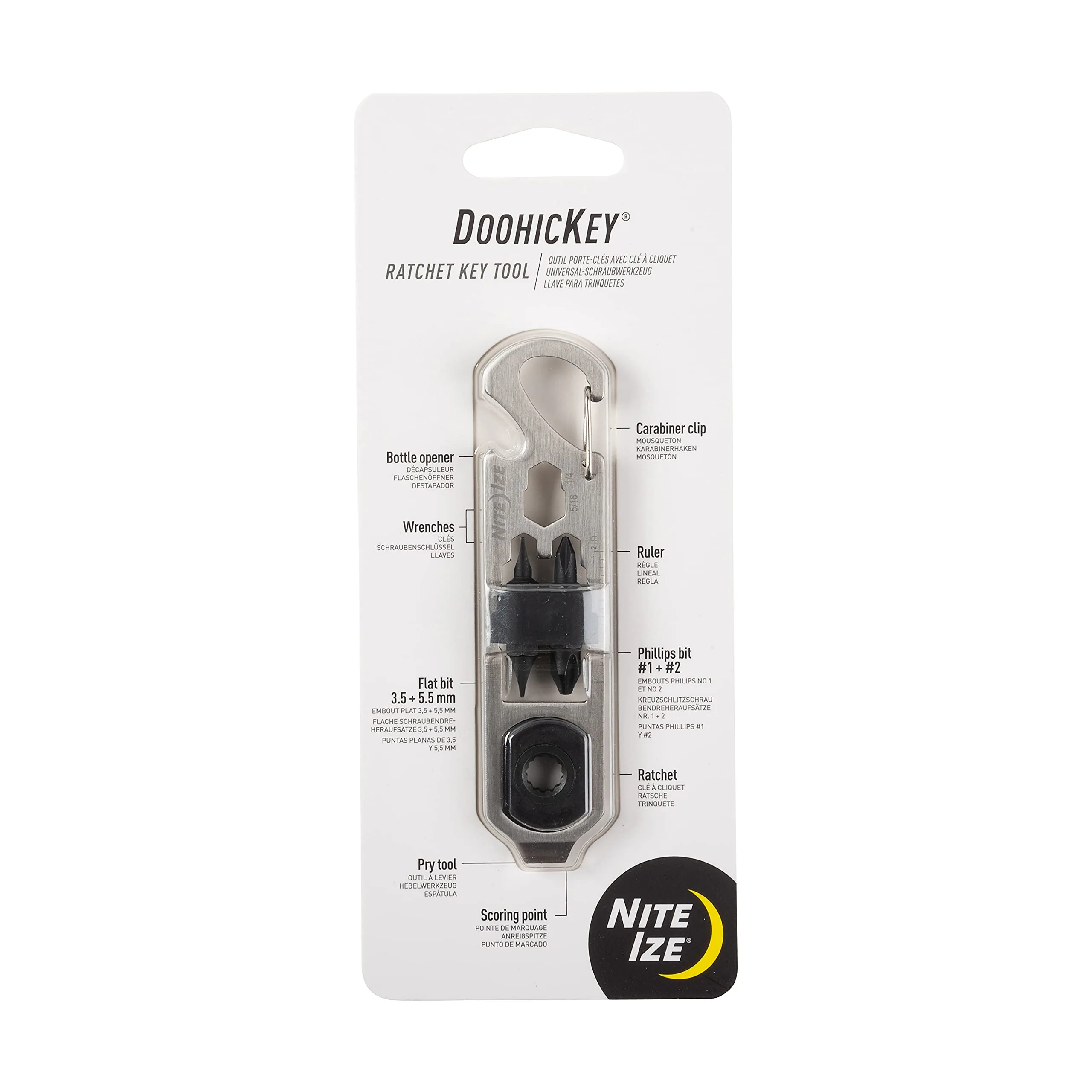 Nite Ize DoohicKey Ratchet Key Tool - Keychain Multitool with Carabiner Clip - Pocket Tool with Ruler, Bottle Opener